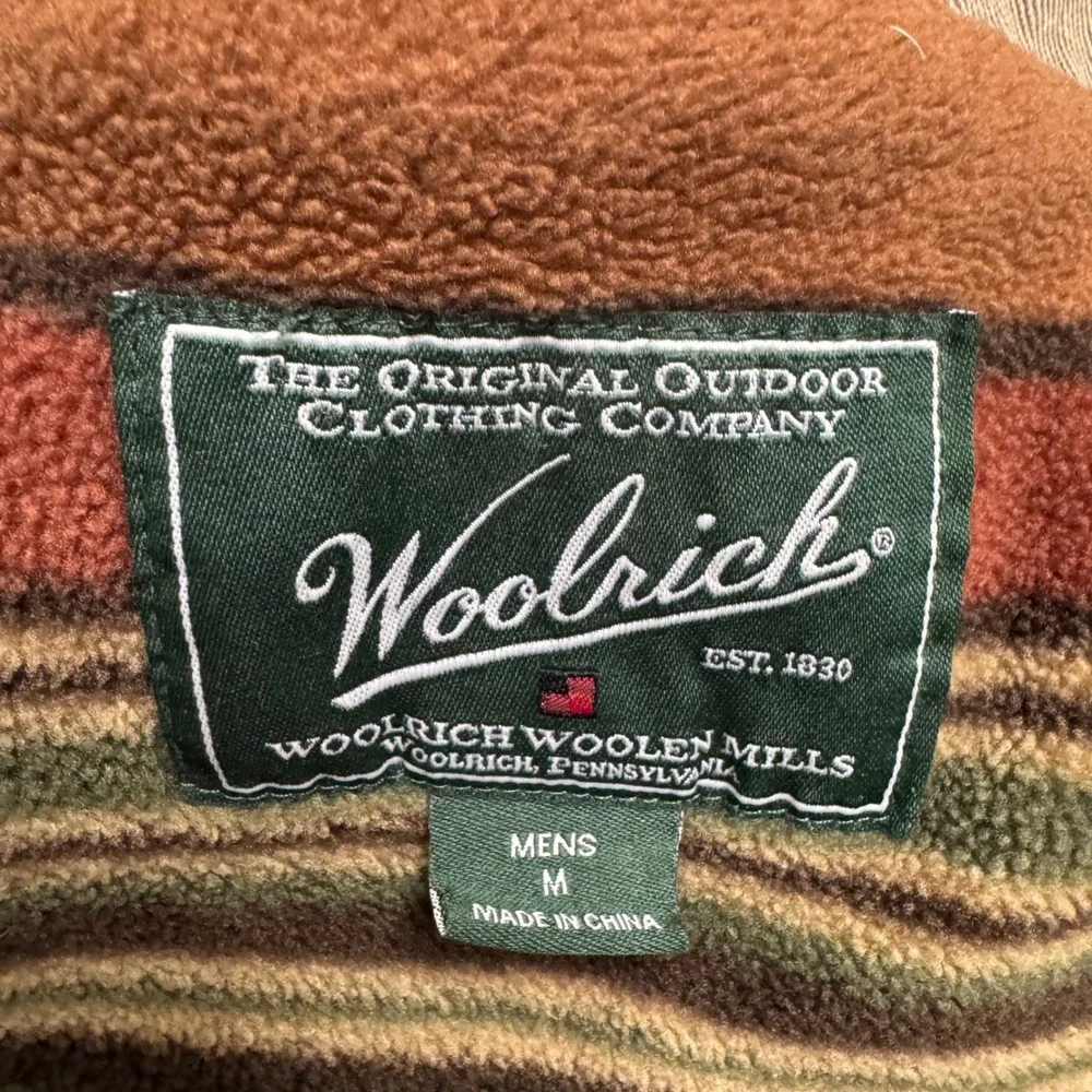 Woolrich Vest Mens M Tan Canvas Striped Fleece Lined Full Zip Rugged Workwear
